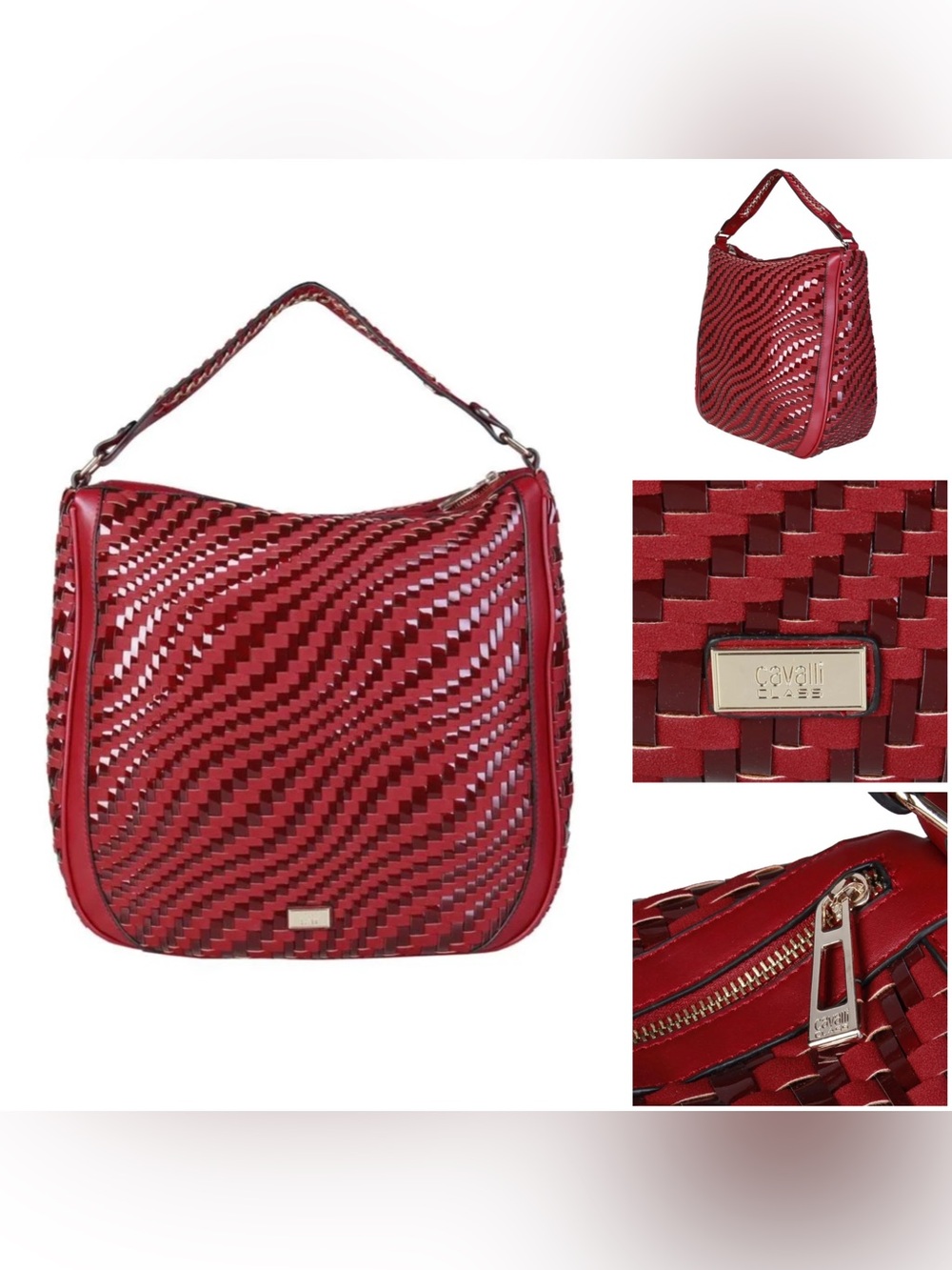 Cavalli Class Red Woven Leather Shoulder Bag